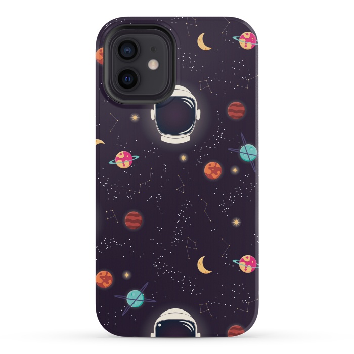 iPhone 12 mini StrongFit Universe with planets, stars and astronaut helmet seamless pattern, cosmos starry night sky by Jelena Obradovic
