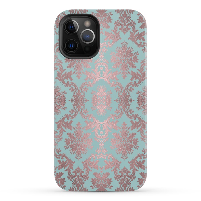 iPhone 12 Pro StrongFit Rose Gold Teal Damask Pattern 2 by Andrea Haase