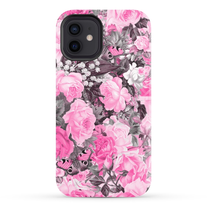 iPhone 12 StrongFit Nostalgic Pink Rose And Butterfly Pattern by Andrea Haase