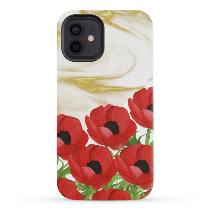 iPhone 12 mini StrongFit Red Flowers on Marbel by Rossy Villarreal