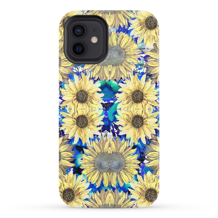 iPhone 12 StrongFit Watercolor painted sunflowers and blue foliage by Oana 