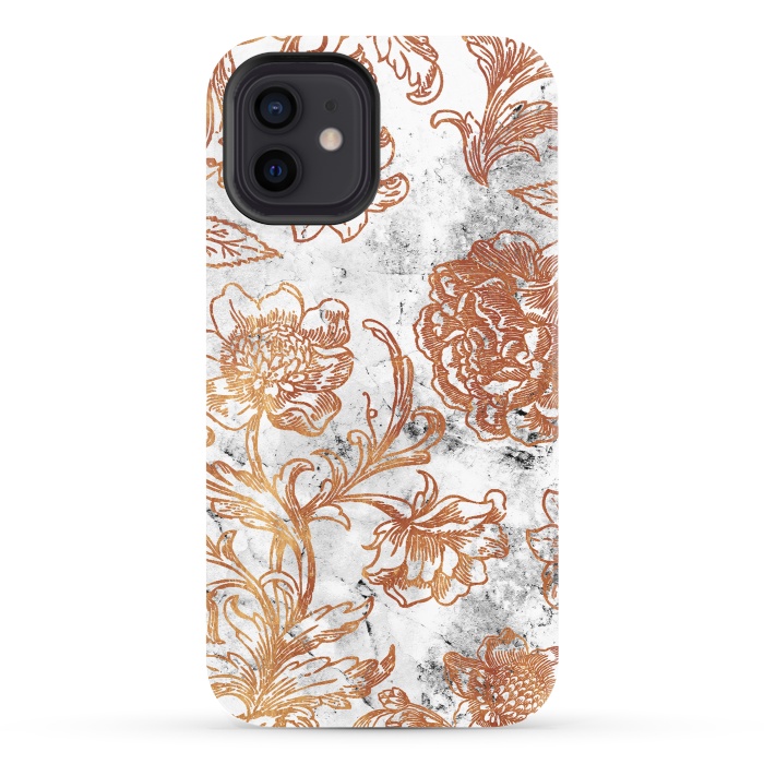 iPhone 12 StrongFit Golden flowers line art on white marble by Oana 