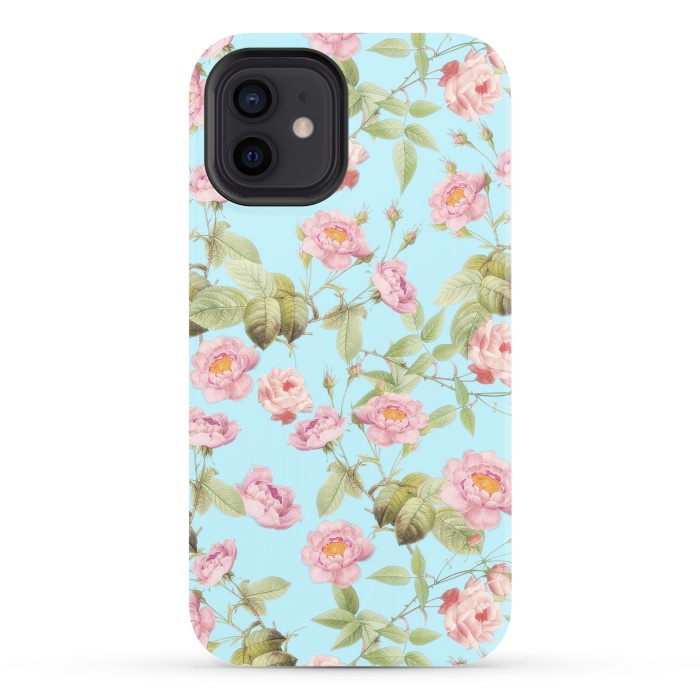 iPhone 12 StrongFit Pastel Teal and Pink Roses Pattern by  Utart