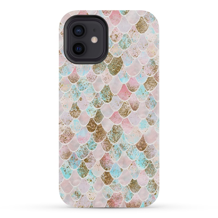 iPhone 12 mini StrongFit Wonky Watercolor Pink and Blue Mermaid Scales  by  Utart