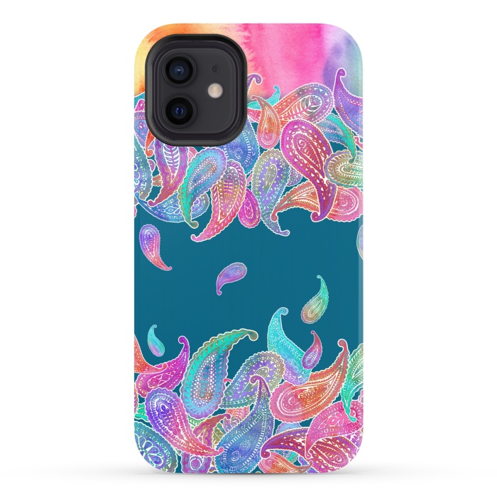 iPhone 12 StrongFit Rainbow Paisley Rain on Blue by Micklyn Le Feuvre
