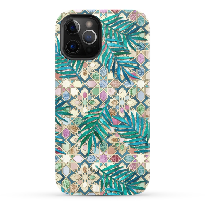 iPhone 12 Pro StrongFit Muted Moroccan Mosaic Tiles with Palm Leaves by Micklyn Le Feuvre