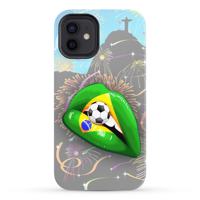 iPhone 12 StrongFit  Brazil Flag Lipstick Soccer Supporters on Sensual Woman's Lips by BluedarkArt