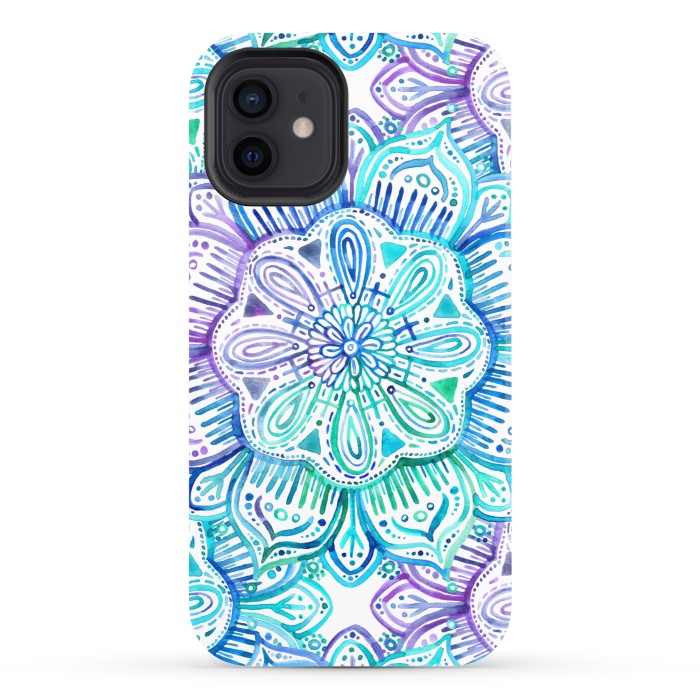 iPhone 12 StrongFit Iridescent Aqua and Purple Watercolor Mandala by Micklyn Le Feuvre