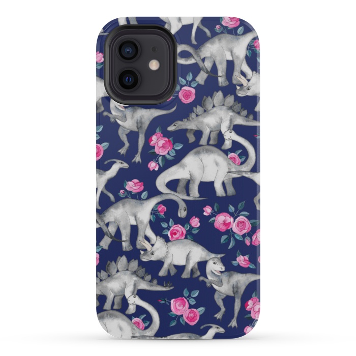 iPhone 12 mini StrongFit Dinosaurs and Roses on Dark Blue Purple by Micklyn Le Feuvre