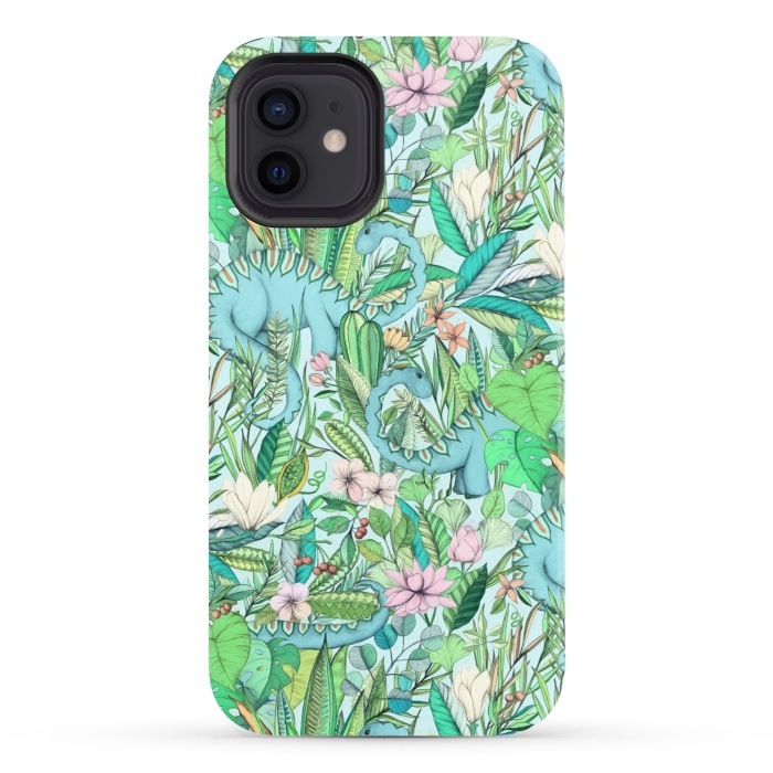 iPhone 12 StrongFit Summer Floral with Dinosaurs by Micklyn Le Feuvre