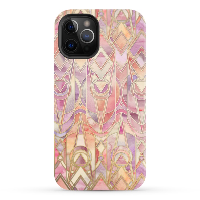 iPhone 12 Pro StrongFit Glowing Coral and Amethyst Art Deco Pattern by Micklyn Le Feuvre