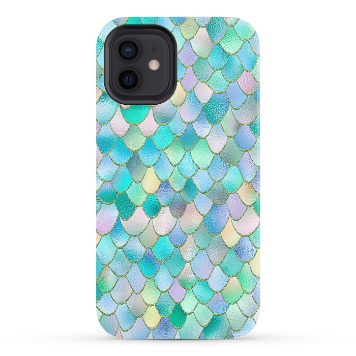 iPhone 12 StrongFit Teal and Green Wonky Metal Mermaid Scales by  Utart