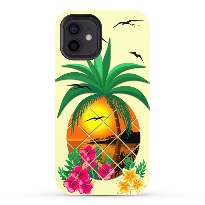 iPhone 12 StrongFit Pineapple Tropical Sunset, Palm Tree and Flowers by BluedarkArt
