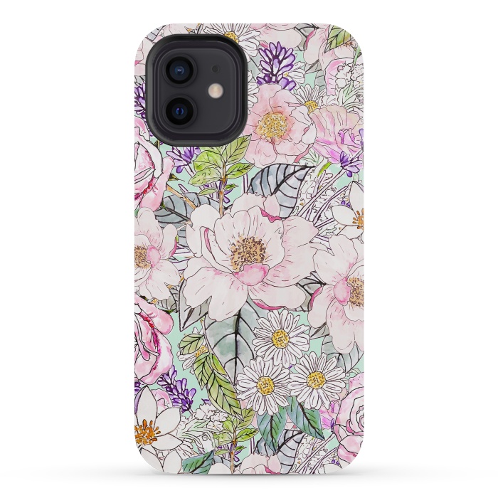 iPhone 12 mini StrongFit Watercolor garden peonies floral hand paint  by InovArts