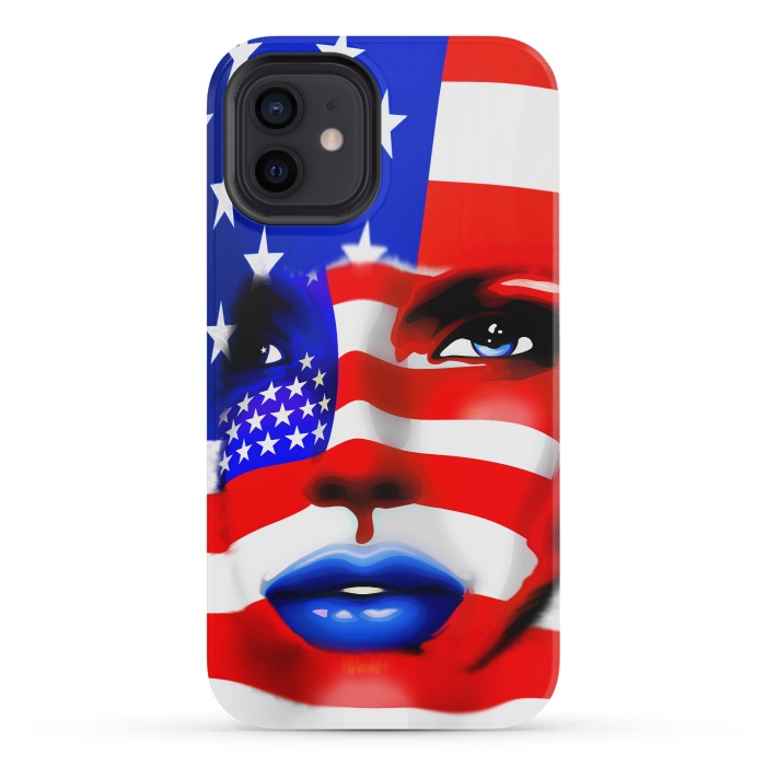 iPhone 12 mini StrongFit Usa Flag on Beatiful Girl's Face by BluedarkArt