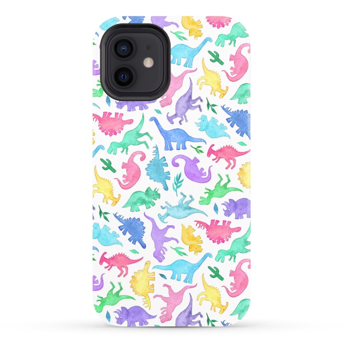 iPhone 12 StrongFit Ditsy Dinos in Bright Pastels on White by Micklyn Le Feuvre