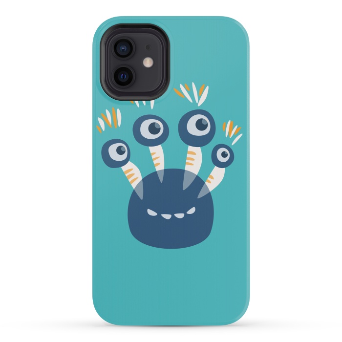 iPhone 12 mini StrongFit Cute Blue Cartoon Monster With Four Eyes by Boriana Giormova