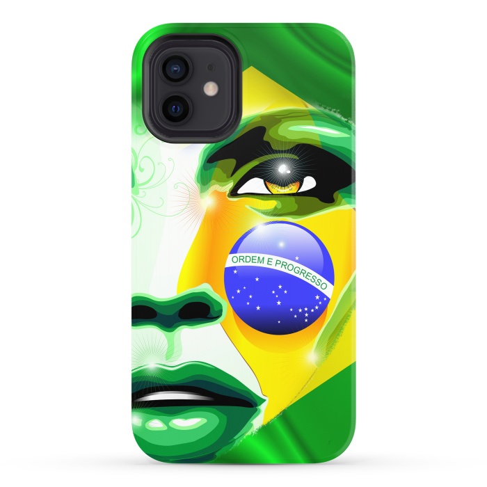 iPhone 12 StrongFit Brazil Flag Colors on Beautiful Girl Portrait by BluedarkArt