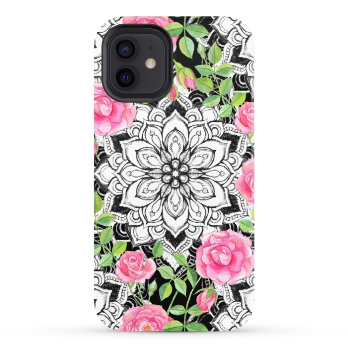 iPhone 12 StrongFit Peach Pink Roses and Mandalas on Black and White Lace by Micklyn Le Feuvre