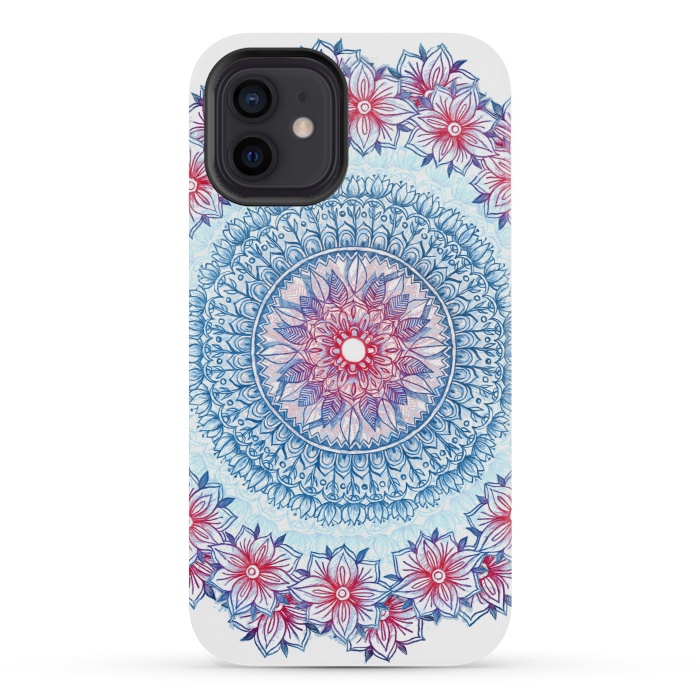iPhone 12 mini StrongFit Red, White and Blue Floral Mandala by Micklyn Le Feuvre