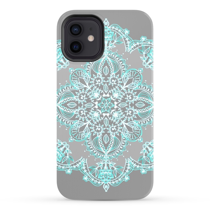 iPhone 12 StrongFit Teal and Aqua Lace Mandala on Grey  by Micklyn Le Feuvre