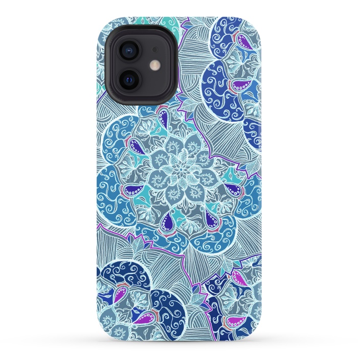 iPhone 12 StrongFit Fresh Doodle in Teal Blue, Purple and Grey by Micklyn Le Feuvre