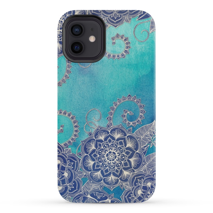 iPhone 12 mini StrongFit Mermaid's Garden - Navy & Teal Floral on Watercolor by Micklyn Le Feuvre