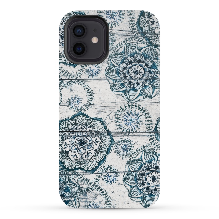 iPhone 12 mini StrongFit Navy Blue Floral Doodles on Wood by Micklyn Le Feuvre