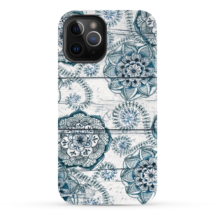 iPhone 12 Pro StrongFit Navy Blue Floral Doodles on Wood by Micklyn Le Feuvre