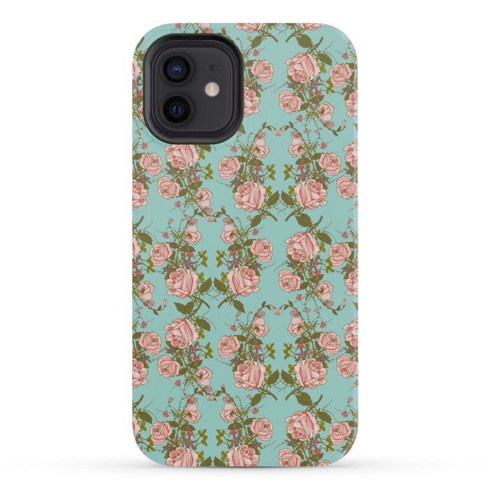 iPhone 12 mini StrongFit Vintage Rosy Floral-Blue by Quirk It Up