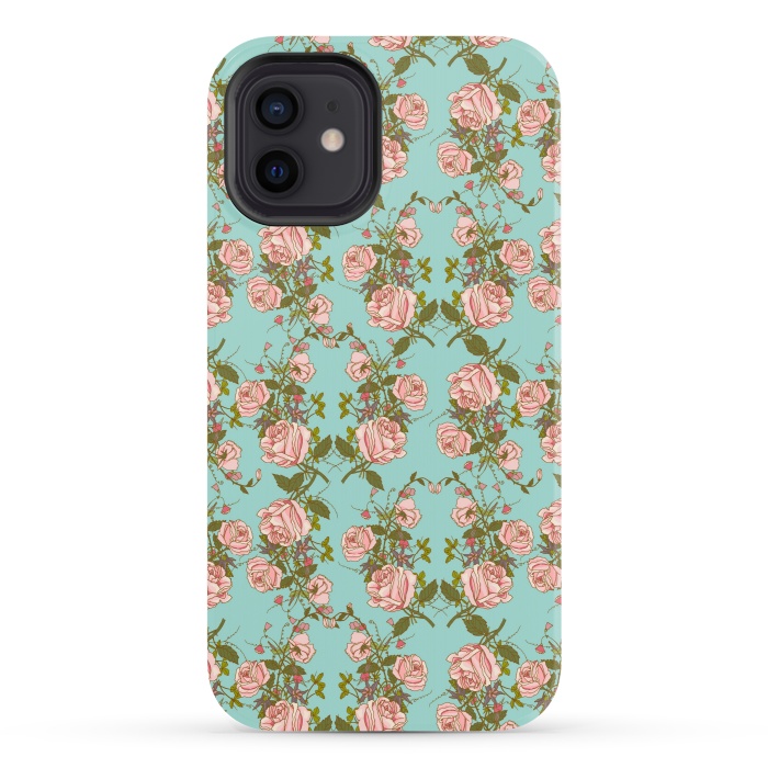 iPhone 12 StrongFit Vintage Rosy Floral-Blue by Quirk It Up