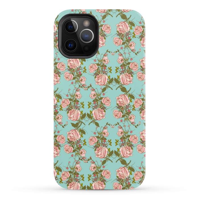 iPhone 12 Pro StrongFit Vintage Rosy Floral-Blue by Quirk It Up