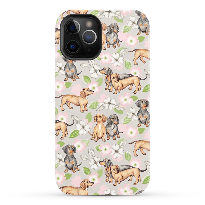 iPhone 12 Pro StrongFit Dachshunds and dogwood blossoms by Micklyn Le Feuvre