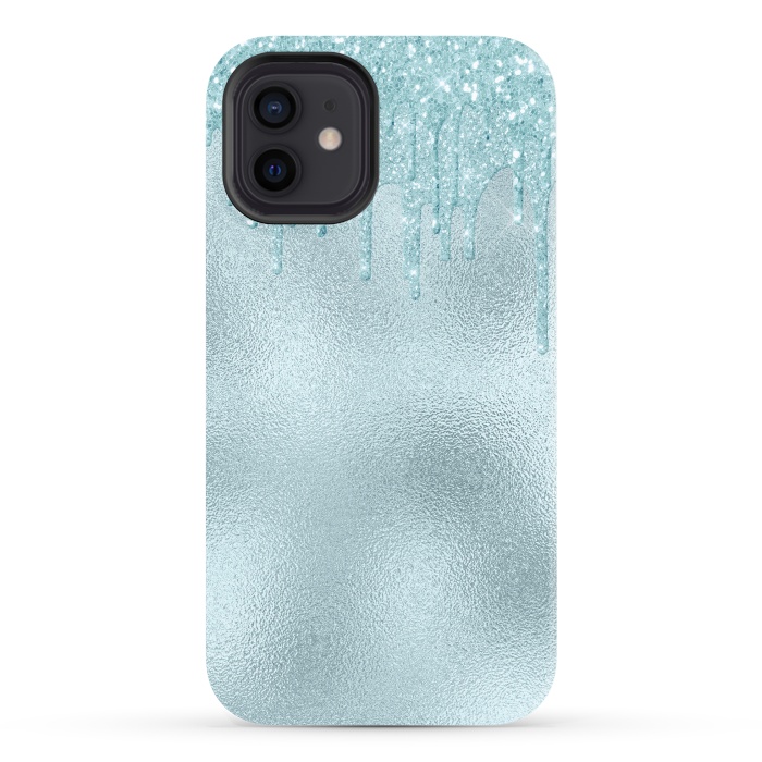 iPhone 12 StrongFit Ice Blue Glitter Droplets on Metal Foil by  Utart