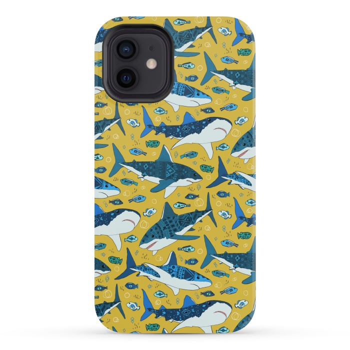 iPhone 12 mini StrongFit Tribal Sharks & Fish On Mustard by Tigatiga