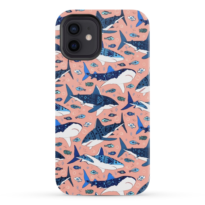 iPhone 12 mini StrongFit Tribal Sharks & Fish On Pink by Tigatiga
