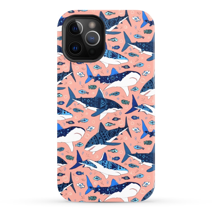 iPhone 12 Pro StrongFit Tribal Sharks & Fish On Pink by Tigatiga