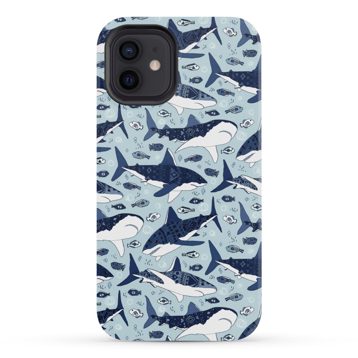 iPhone 12 mini StrongFit Tribal Sharks & Fish On Baby Blue  by Tigatiga