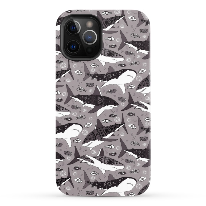 iPhone 12 Pro StrongFit Tribal Sharks & Fish On Grey  by Tigatiga