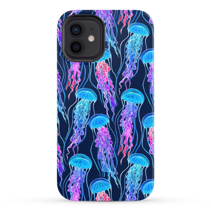 iPhone 12 StrongFit Luminescent Rainbow Jellyfish on Navy Blue by Micklyn Le Feuvre