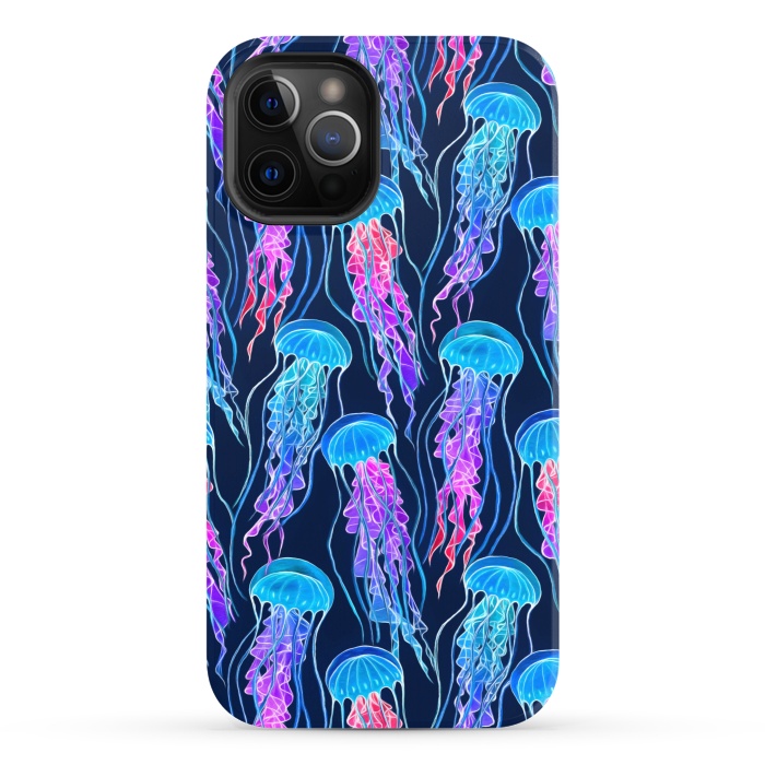 iPhone 12 Pro StrongFit Luminescent Rainbow Jellyfish on Navy Blue by Micklyn Le Feuvre