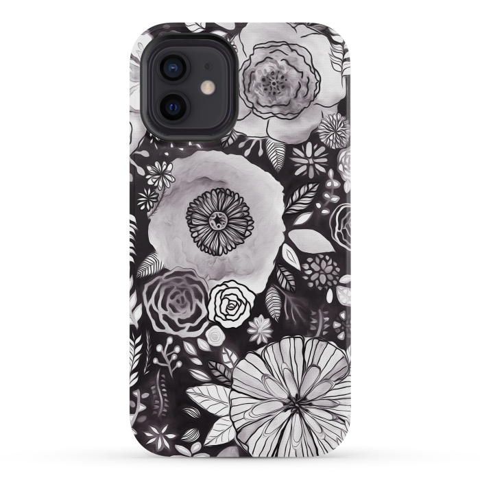 iPhone 12 mini StrongFit Black & White Floral Mix  by Tigatiga