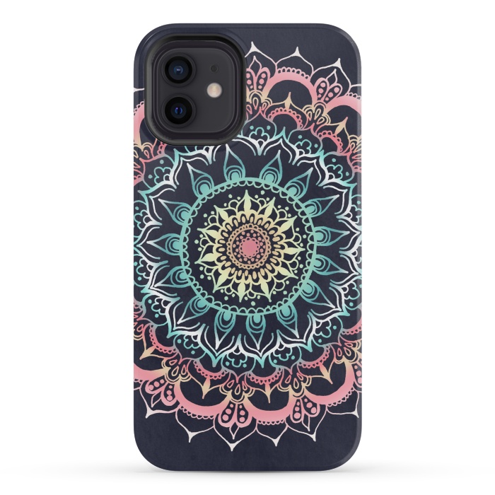 iPhone 12 mini StrongFit Glow Mandala on Navy by Tangerine-Tane