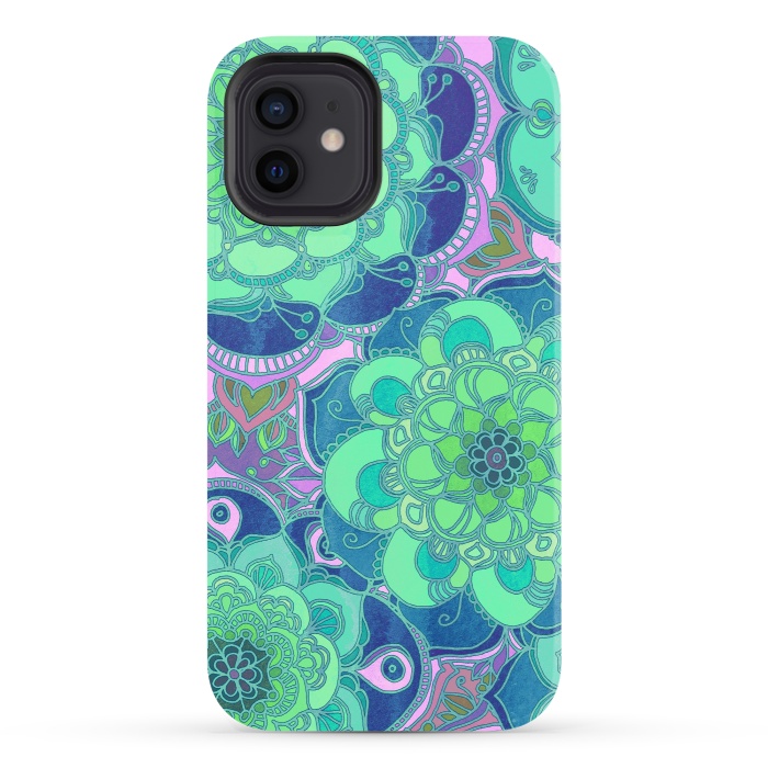iPhone 12 StrongFit Fantasy Flowers in Mint Green & Purple by Micklyn Le Feuvre