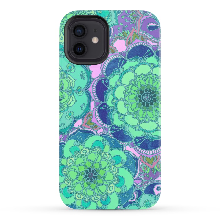 iPhone 12 StrongFit Fantasy Flowers in Mint Green & Purple 2 by Micklyn Le Feuvre