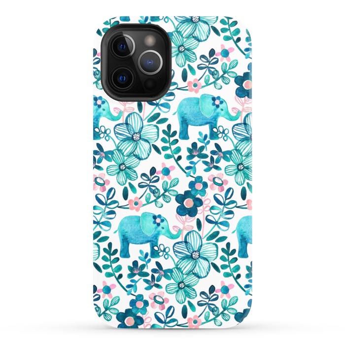 iPhone 12 Pro StrongFit Little Teal Elephant Watercolor Floral on White by Micklyn Le Feuvre