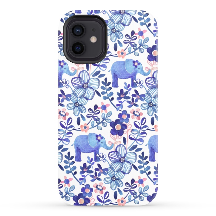 iPhone 12 StrongFit Little Purple Elephant Watercolor Floral on White by Micklyn Le Feuvre