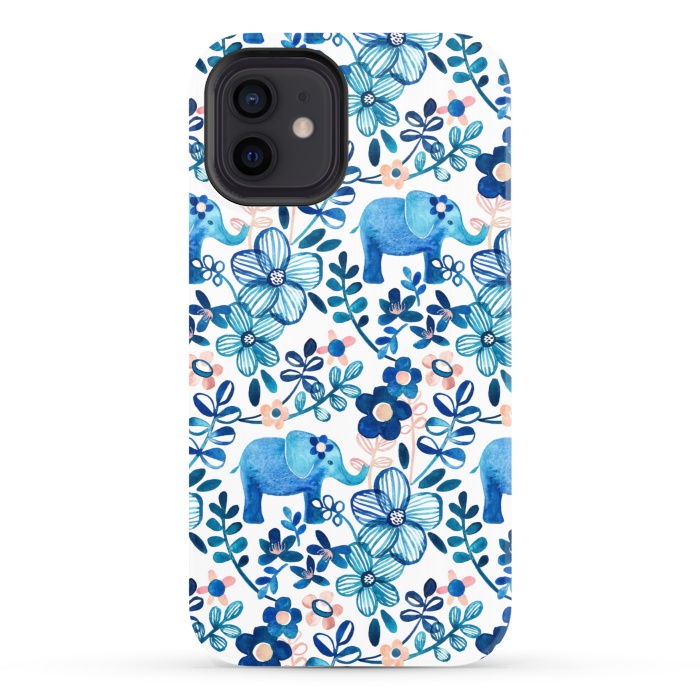 iPhone 12 StrongFit Little Blue Elephant Watercolor Floral on White by Micklyn Le Feuvre