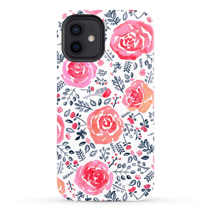 iPhone 12 StrongFit Red, Magenta & Navy Watercolor Roses  by Tigatiga