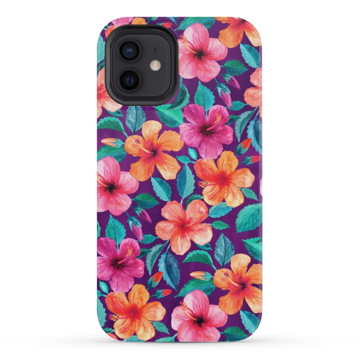 iPhone 12 mini StrongFit Little Bright Hibiscus Blooms in Watercolor on Purple by Micklyn Le Feuvre